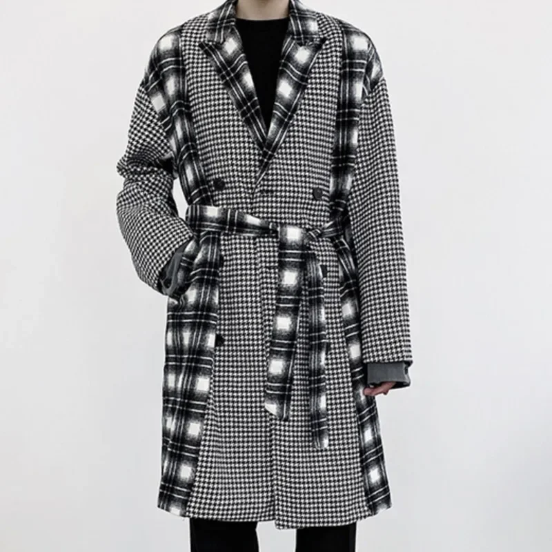 

Double Sided Belt Cashmere Coat Men Thousand Bird Lattice Stitched Winter Coat Medium Long Wool Blend Contrasting Color Trench