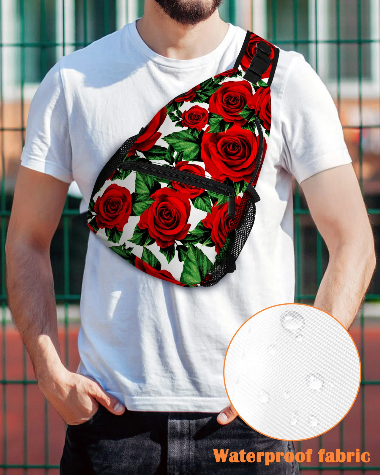 

Valentine'S Day Flower Red Rose Flower Chest Bag for Men Women Casual Crossbody Bag Outdoor Travel Climb Waterproof Sling Bag