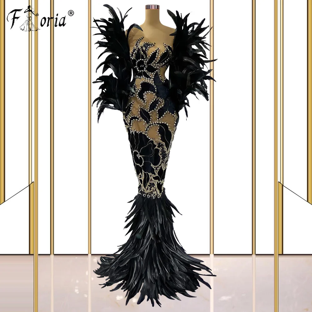 Vintage Design Long Sleeves Feathers Mermaid Party Dresses Black Evening Prom Dress Custom Made vestidos de ocasión formales