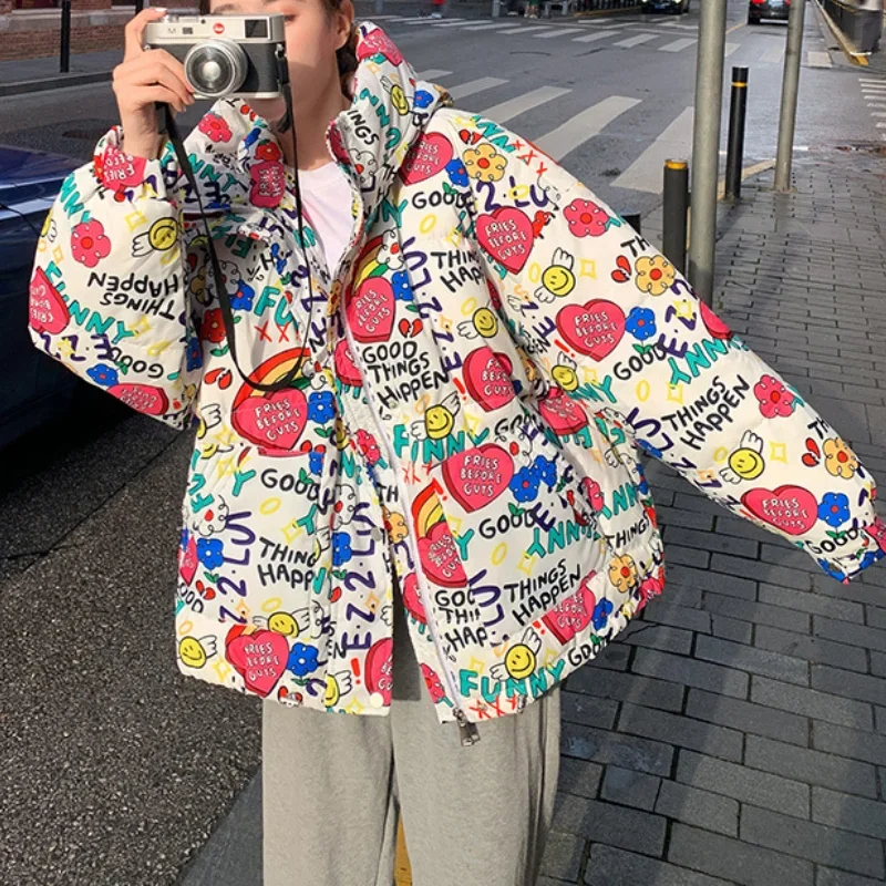 Winter Graffiti Down Padded Jacket Female Korean Version Loose Boyfriend Hooded Cotton-padded Jacket Bread Clothes Fashion Funny