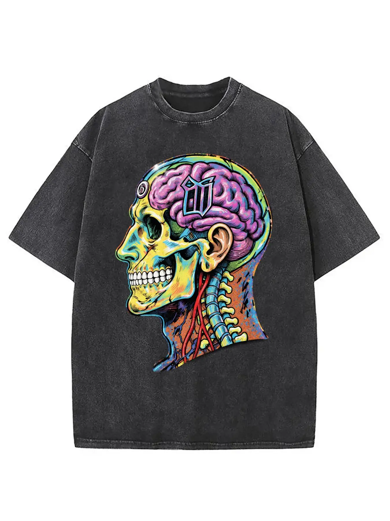 Vintage Black Pop Art T-Shirt - Short-Sleeved Crew Neck Shirt with Brain and Skull Medical Motifs, Designed for Those Interested in Neuroanatomy, Medical Students, and Artists. Scientific-Themed Clothing, Perfect for Casual Wear and a Unique Gift Choice