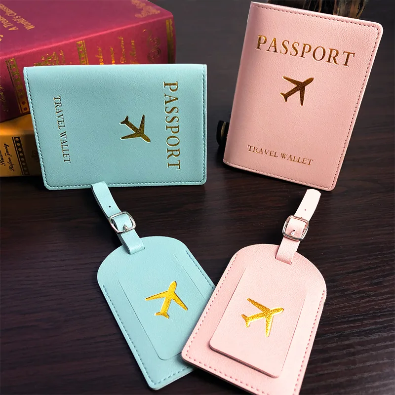 Etiqueta de equipaje de cuero PU con patrón de letras para hombres y mujeres, juego de soporte para pasaporte, fundas para pasaporte, Soporte para tarjeta de identificación, accesorios de viaje para avión