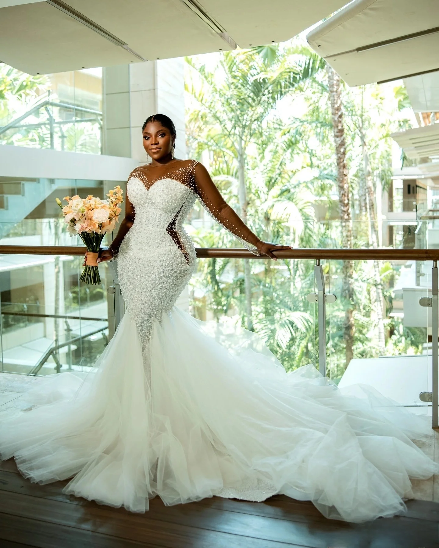 Customized Sheer Neck Africa Sparkly Beads Pearls Garden  Wedding Dress Robe De Mariée  Full Sleeves Stunning    Bridal Gown