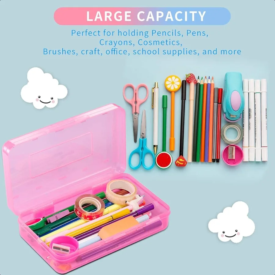 Plastic Pencil Case Box 6 Pack Colored Large Craft Storage Bulk Plastic Containers with Snaptight Lids Hobby Art School ply 0rg