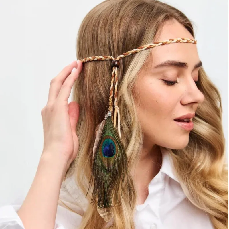 

Hippie Headwear Boho Vintage Gypsy Peacock Feather Tassel Adjustable Headband Hairband Headpiece Women's Hair Accessories