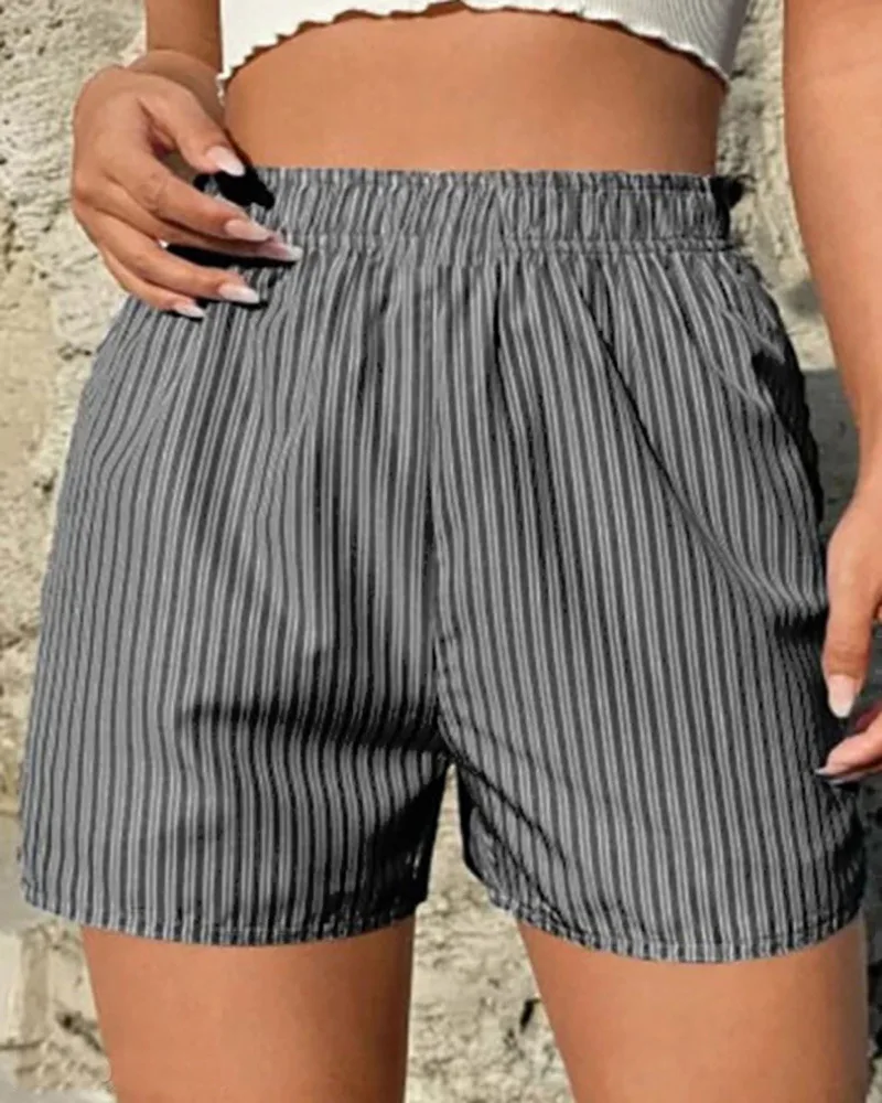 Women's Summer Shorts 2023 New Fashion Casual Loose Pocket Striped Shorts Female