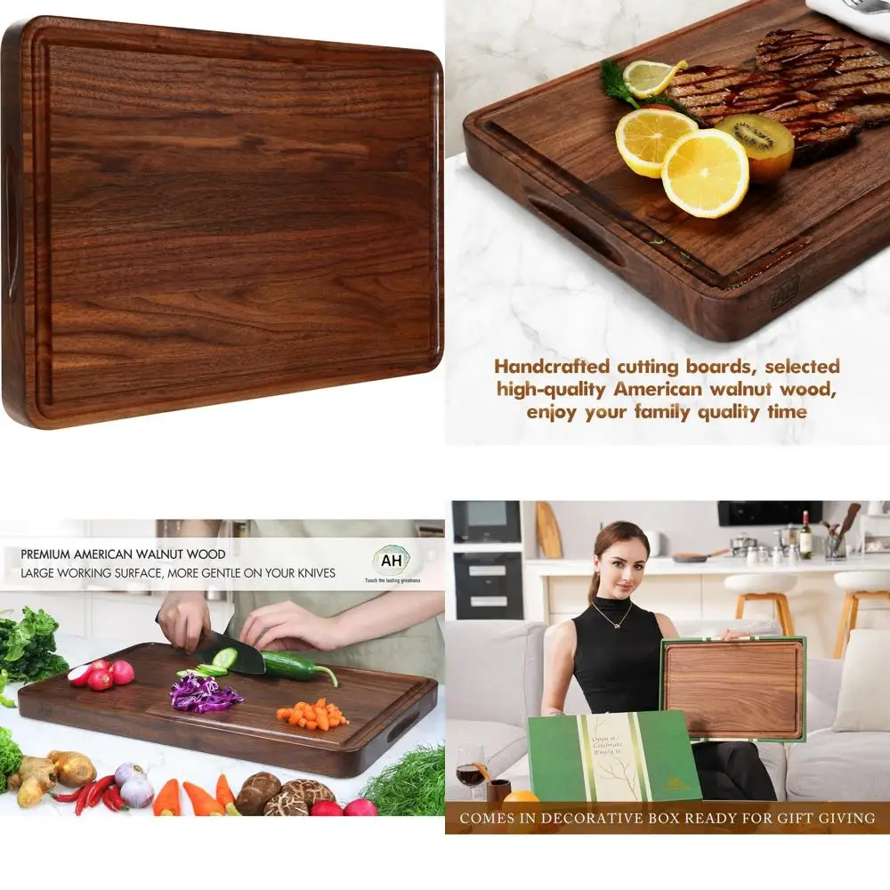

Large Walnut Wood Chopping Board 17x11in with Deep Juice Groove and Side Handle, Thick Butcher Block for Kitchen Use