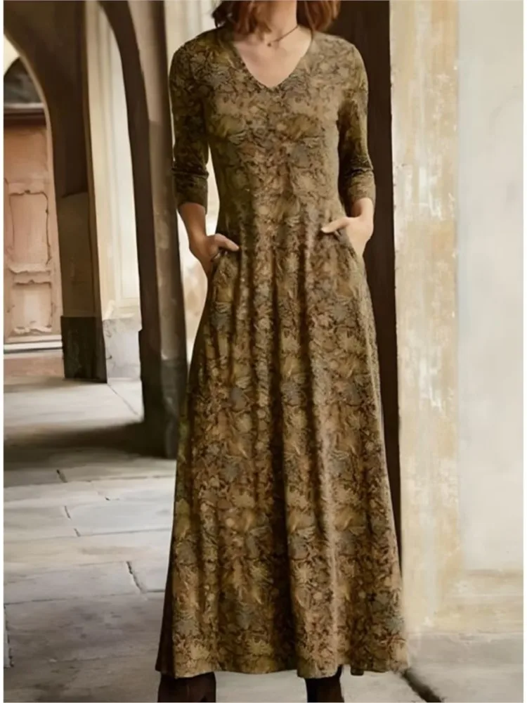 

Women's Dress Spring Autumn New Arrival Fashionable Printed Sexy V-neck Pocket Long Sleeved Dress Women's Cotton Long Skirt