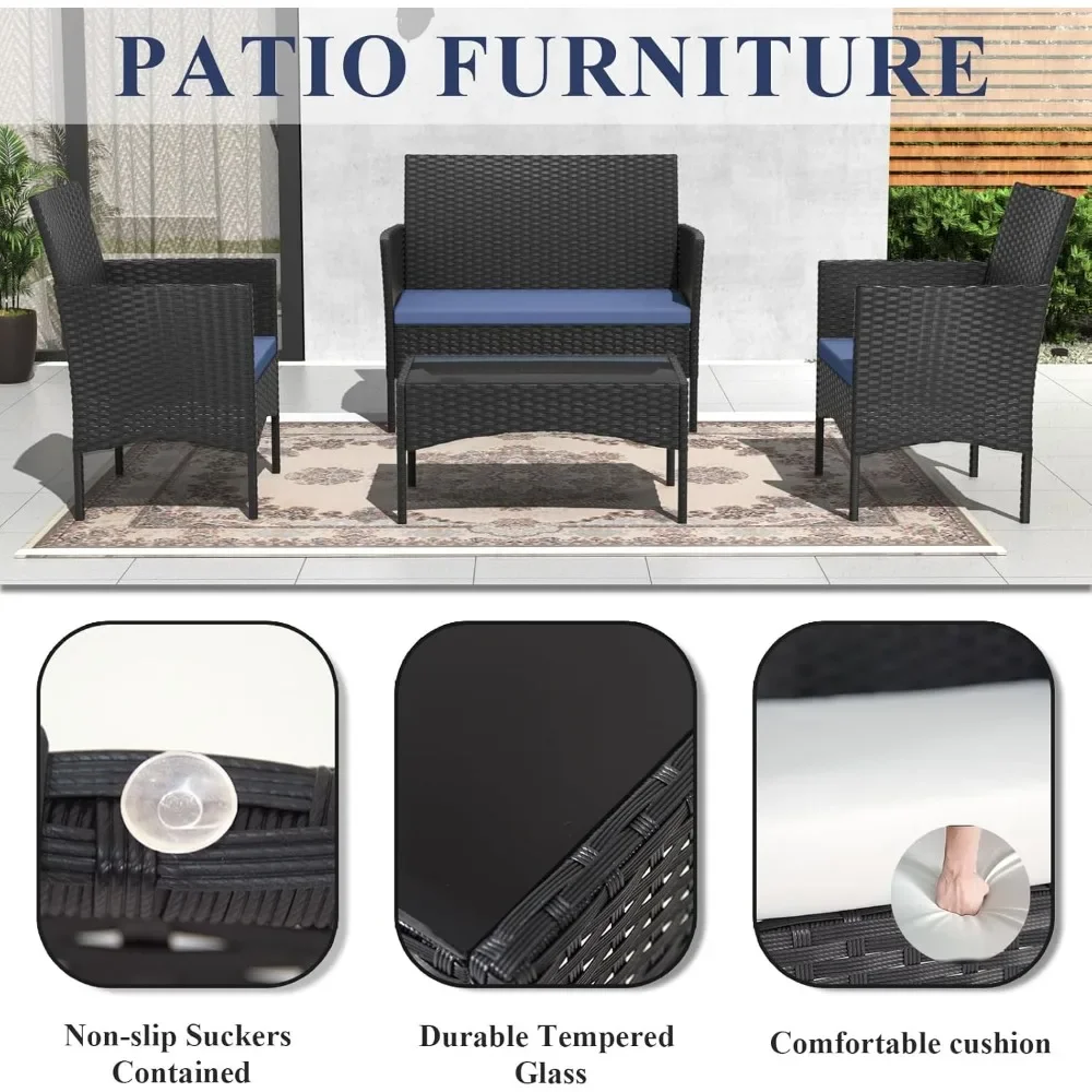 

4-piece terrace conversation set outdoor rattan terrace furniture set with cushioned rattan chairs and glass table