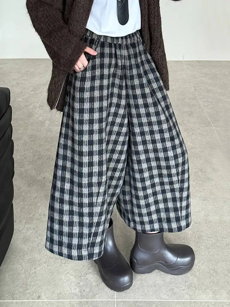 EAM Plaid High Elastic Waist Wide Leg Ankle Length Vintage Pants New Trousers Women Fashion Tide Autumn 2026 30A4051