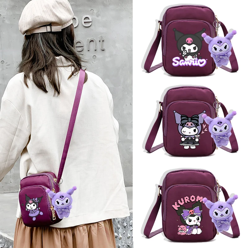 Sanrio Kuromi High Quality Mobile Phone Bag with Doll for Women Anime Fashion Messenger Bags Girls Travel Portable Handbag Purse