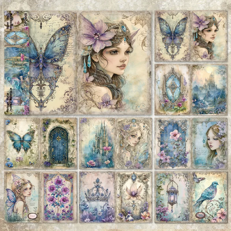 Vintage Fairy Butterfly Castle Old Script Print Paper Pad Scrapbooking Cardstock Journal Background DIY Craft Embellishment