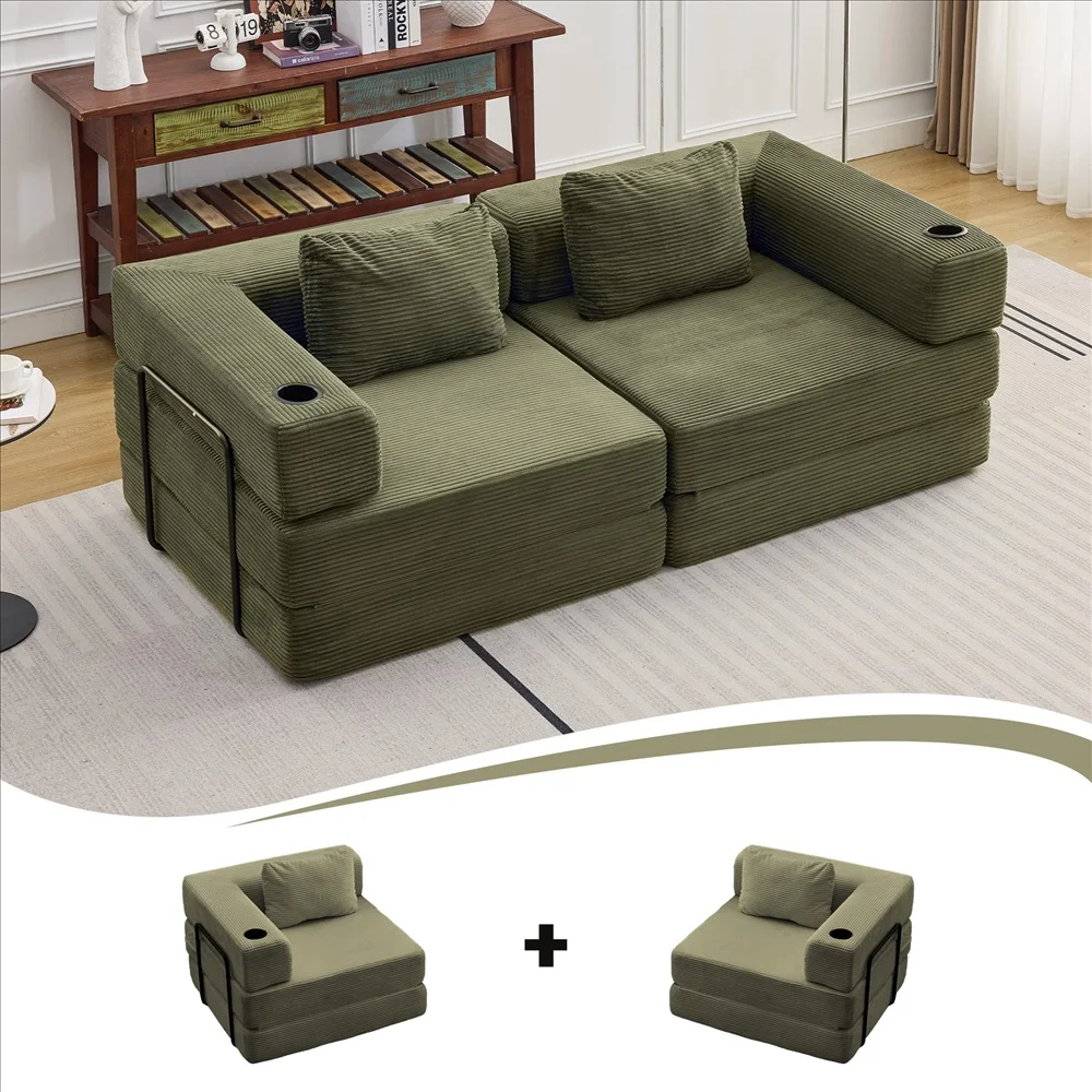 Modernes Frei Kombinierbares Modulares Ecksofa Olivgrüner Cord Convertible Couch mit Getränkehaltern Platzsparende Möbel – Detail 26