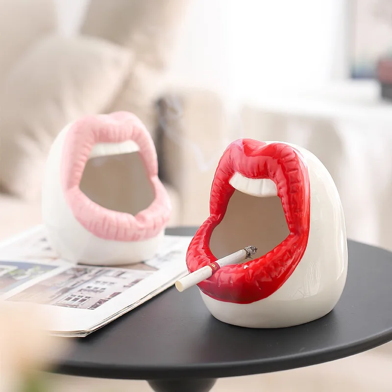 Lip Ceramic Ashtray Crafts Home Decoration Office Ashtray Fly Ash Proof Home Trendy Mouth Holder Figurines Desktop Decoration