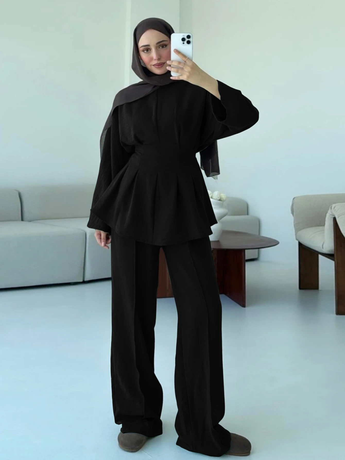 Eid Frauen 2-teiliges Set Schnürhemd Gerade Hose Muslimische Sets Ramadan Dubai Elegante Musulman Ensembles Arabische Lange Hose Marokko