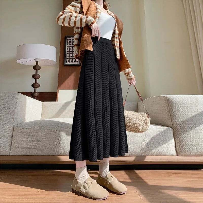 Women High Waist Knit Midi Skirt Pleated A Line Swing Loose Casual Long Skirt