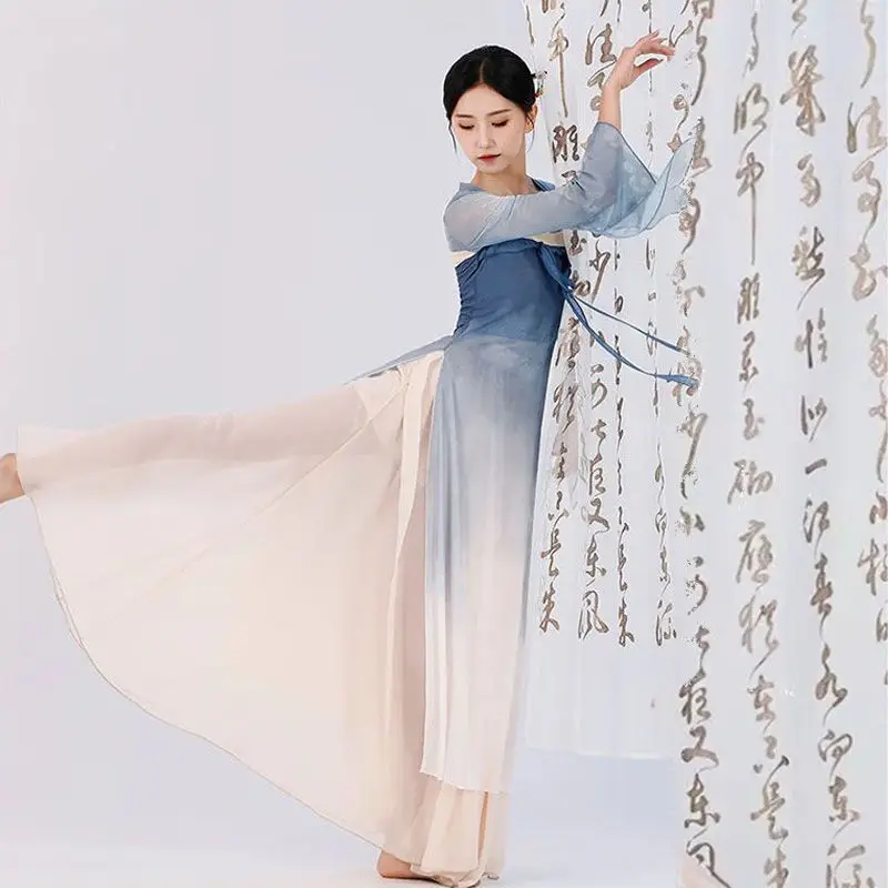 Tenue de danse classique pour femme, ensemble Hanfu fluide, grande jupe pivotante, costume de danse chinoise, ensemble d'entraînement, tenue de performance avec ruban