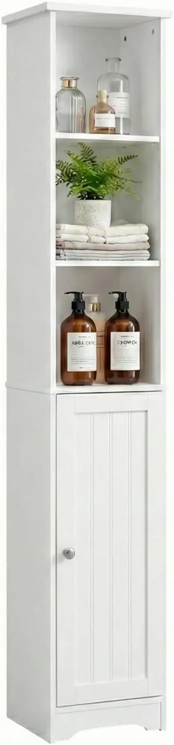 

Узкий шкаф, 67 дюймов в высоту, тонкий шкаф для хранения в ванной комнате, 12 дюймов в ширину, белый узкий шкаф для белья с 3 открытыми полками и одной дверцей