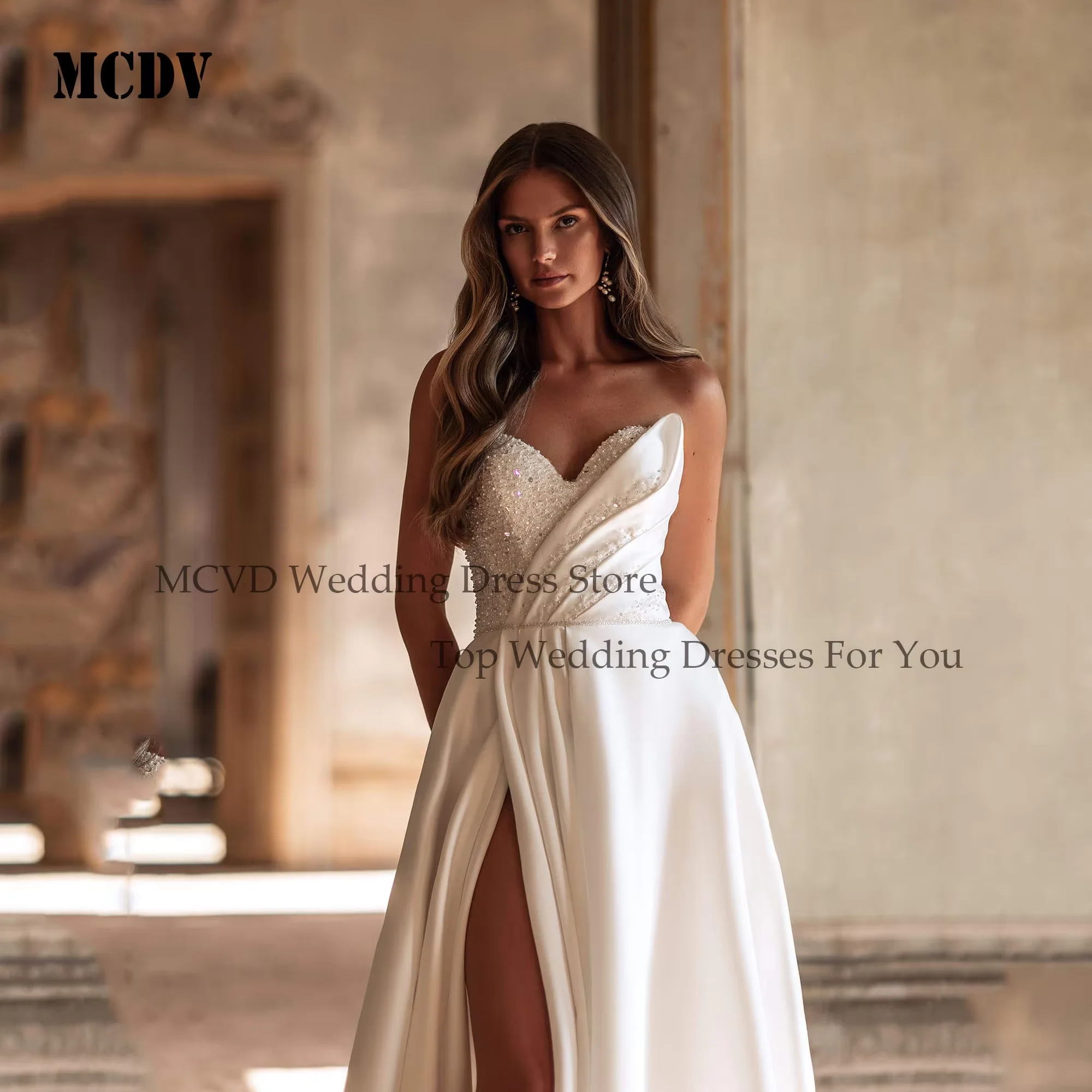 

MCDV Strapless Satin Wedding Dress Beaded Side Split A-Line Sequined Luxury Bride Gown Customizable Robe De Mariée