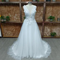 RODDRSYA Real Pictures White Boho Tulle Wedding Dress A-Line V Neck Lace Appliques Flowers Bride Party Open Back Bridal Gown