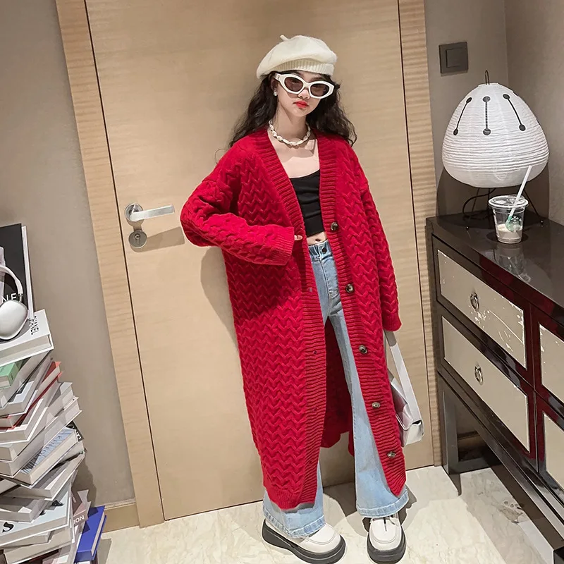 teen Girls long Cardigan Autumn Winter Fashion Mid-length Knitwear Kids Sweater Outerwear 12 13 14 Years Children Casual Coats