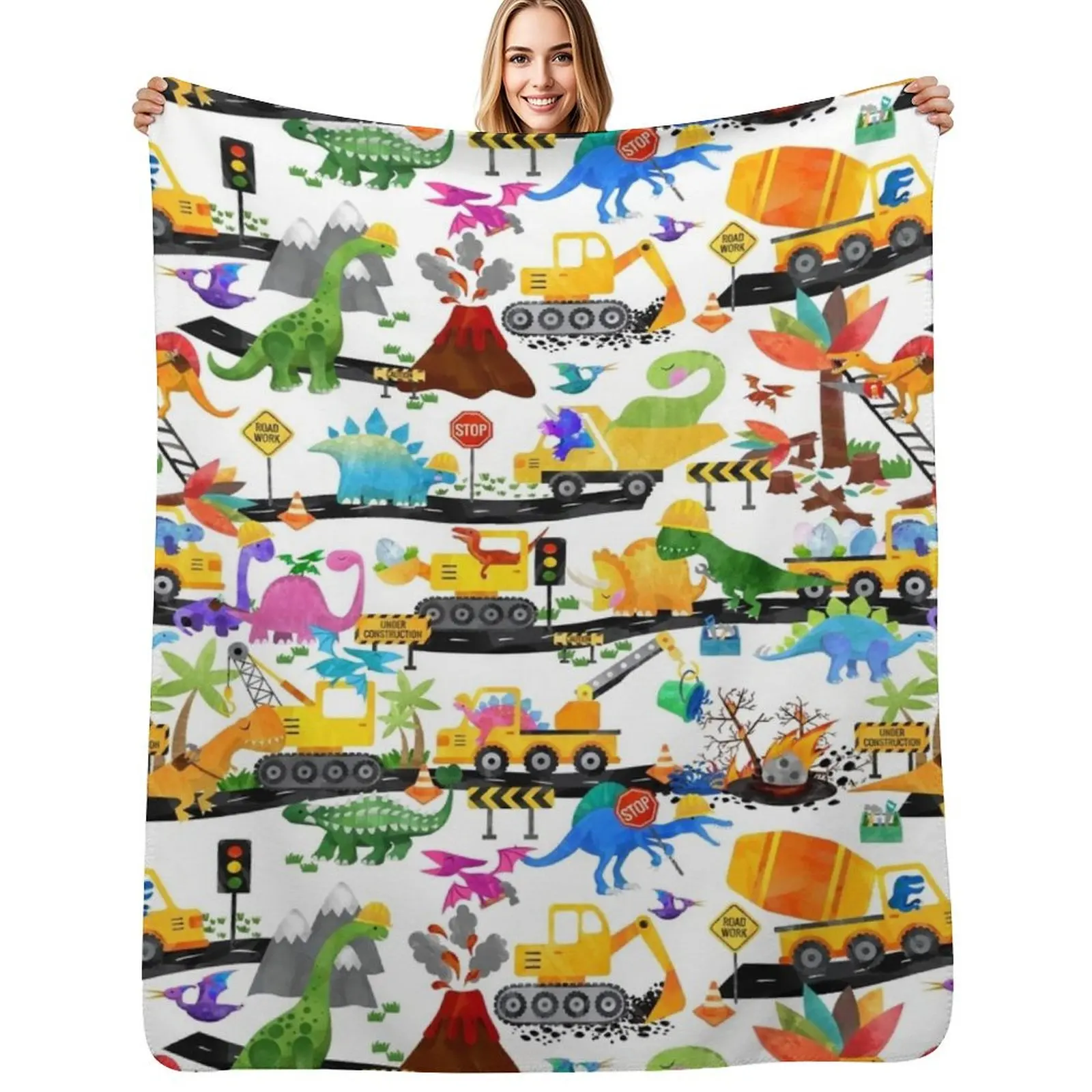 Watercolor Dinosaur Road Crew Construction Throw Blanket Flannel Fabric Sofas funny gift Decoratives Loose Luxury Blankets