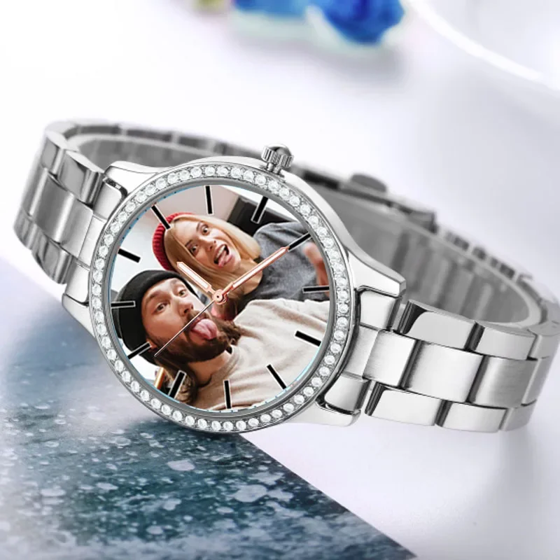 Personalized Photo Watches for Women Custom Graphic Photo Watch Stainless Steel Strap Wrist Watch for Girlfriend,with Rhinestone