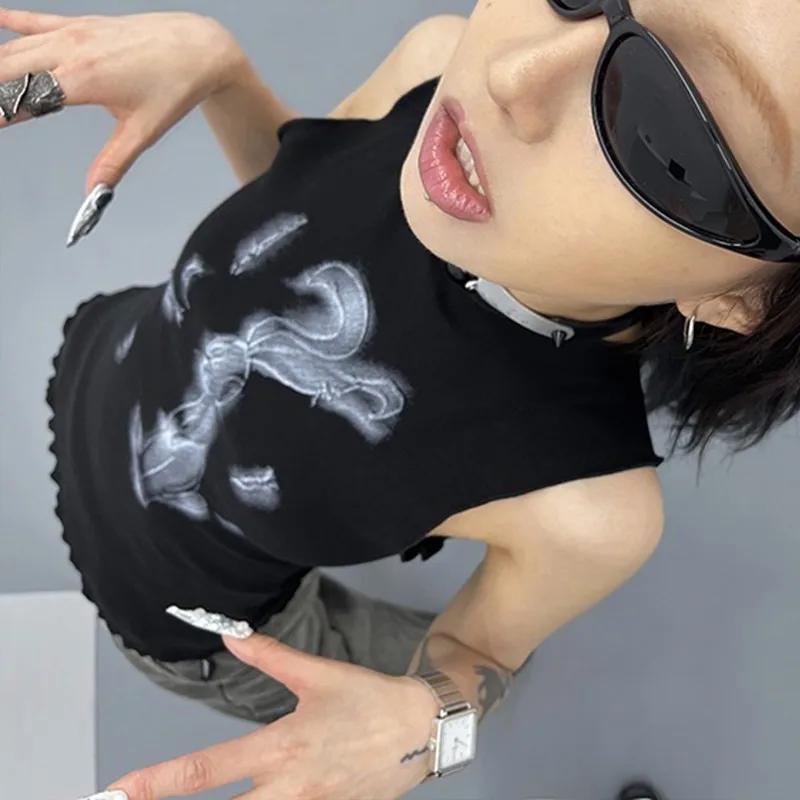 Karrcat Trashy Y2k Tank Top Japanese 2000s Black Short Tops Vintage Harajuku Sleeveless Crop Top Cyber Punk Clothes Goth Summer