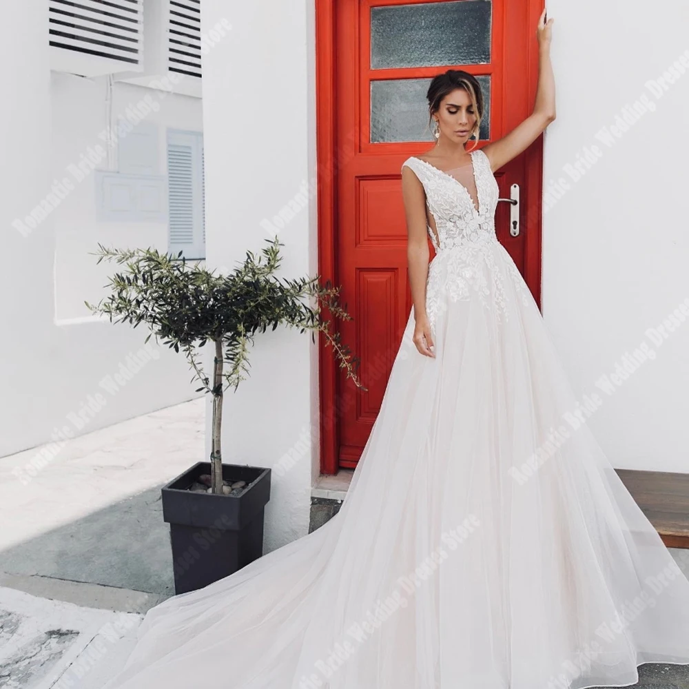 

2025 Sexy V-Neck Sleeveless Women Wedding Dresses Elegant Lace Print A-Line Bride Gowns Mopping Length Princess Party Customized