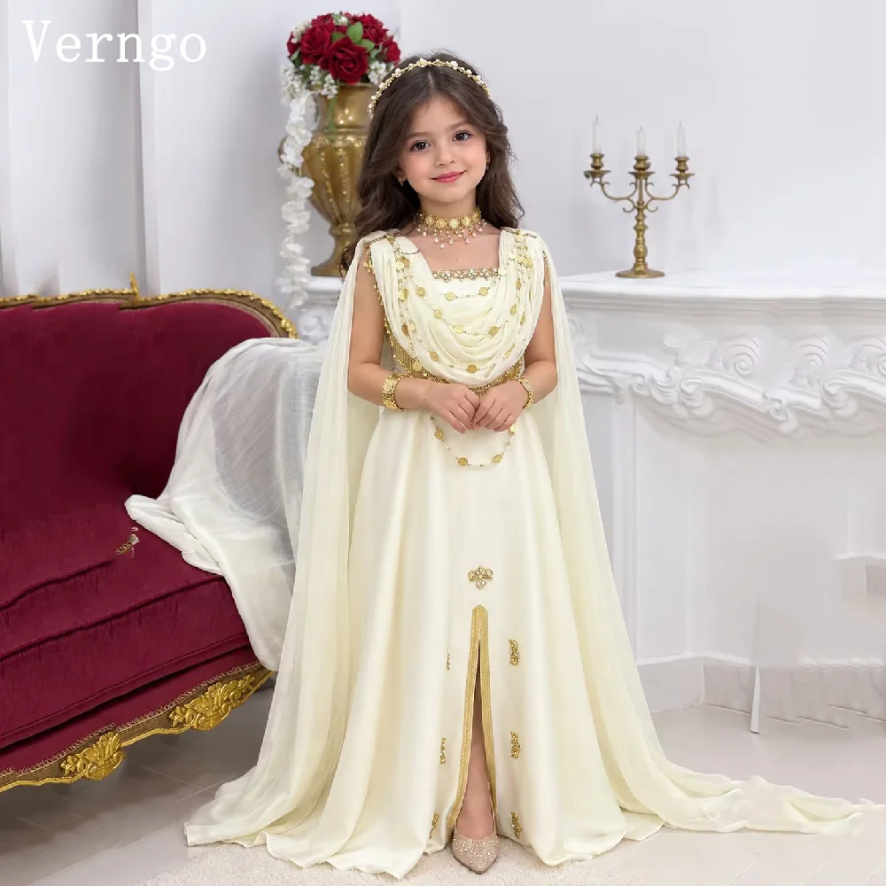 Verngo Elegant lvory Chiffon Girl Birthday Party Dresses Square Collar A Line Side Slit Kid Celebrity Eid Outfit Customized