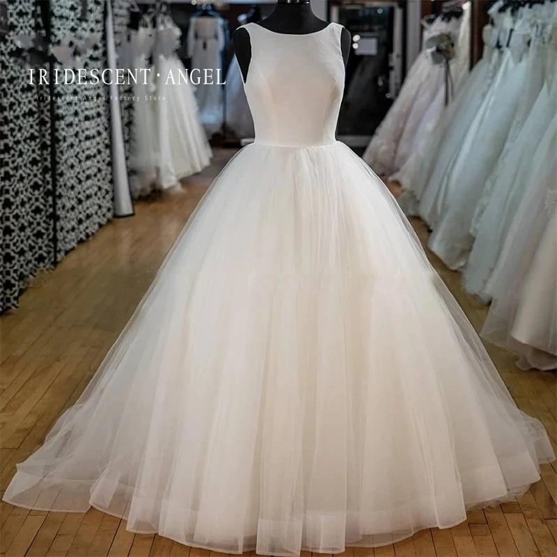 IRIDESCENT-Robe de Mariée Plissée en Tulle Blanc, Tenue de Bal Simple, avec Fermeture Éclair, Bon Marché, pour Patients