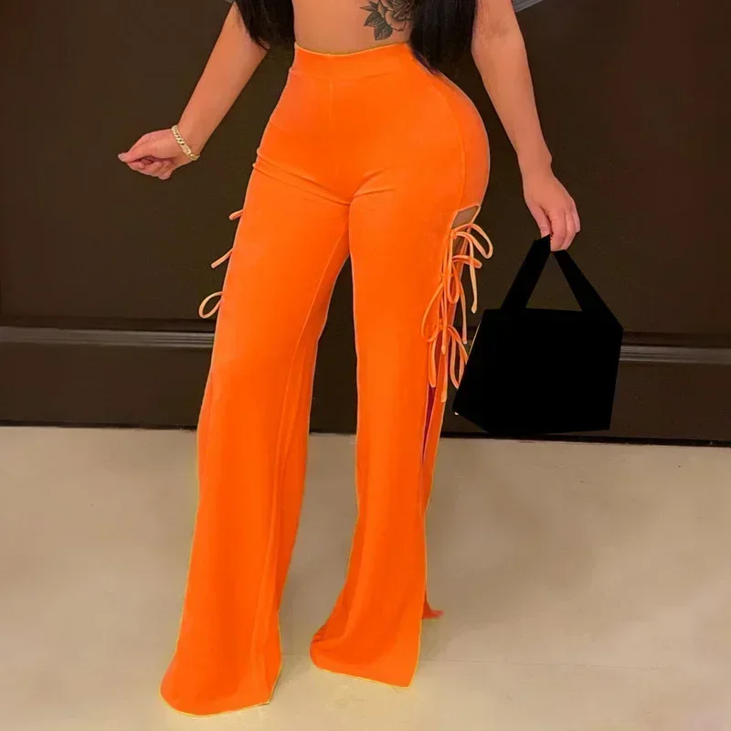 

GUWU Women Lace Up High Side Split High Waist Tunic Flare Pants Sexy Party Evening Beach Trousers