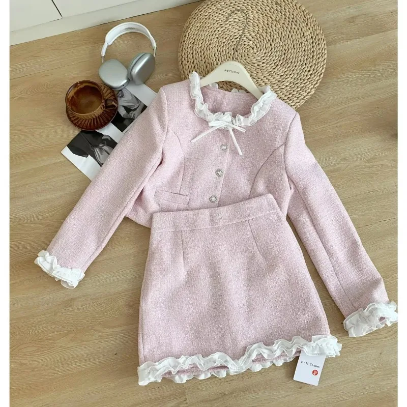 2025 Spring Autumn Elegant Women's Skirt Suits Korean Style Lace Patchwork Cardigan Jacket Short Skirt Tweed Two-piece Set Women