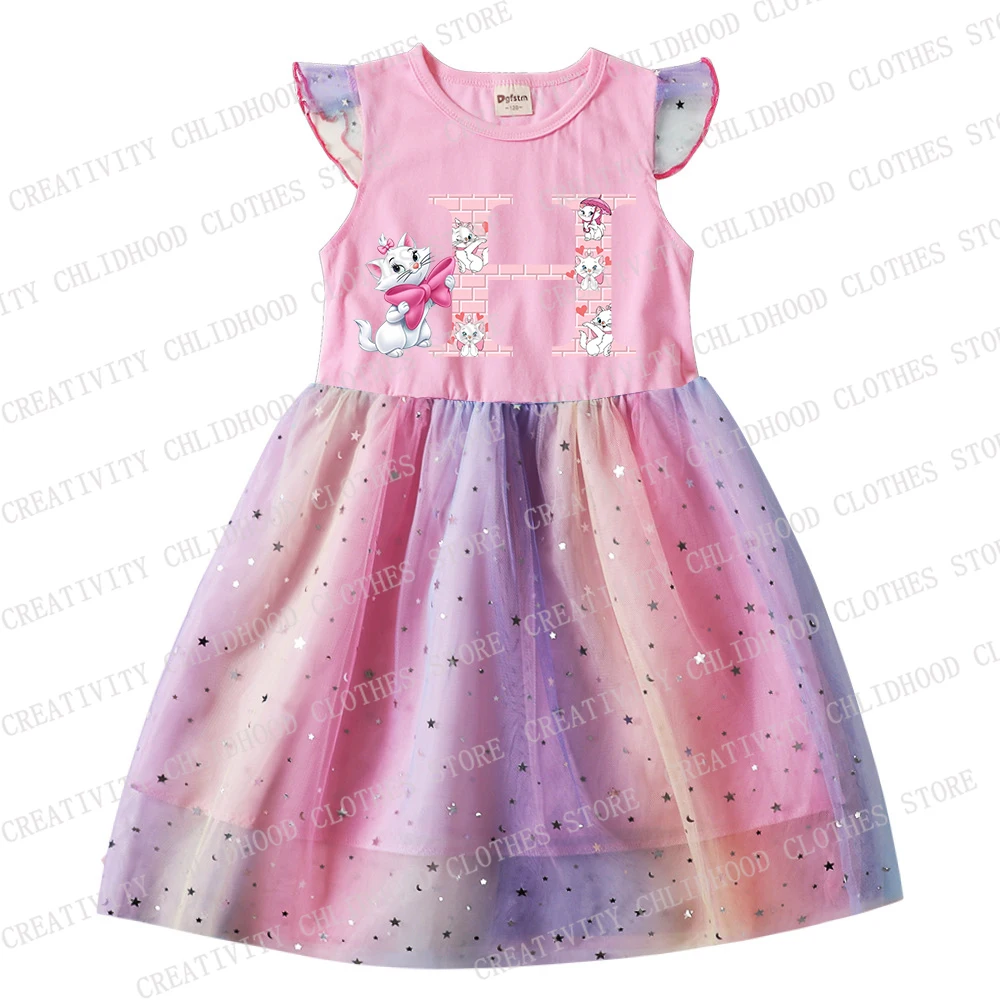 The Aristocats Girl Disney Marie Cat Dress Letters ABCD Print bambini ragazze Princess Kid Cartoons abbigliamento Casual abiti di garza