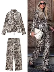 HH Women Vintage Leopard Print Blouse Pant Sets Lace Up Long Sleeve Shirt High Waist Trousers New Fashion High Street Outfit