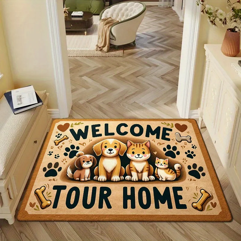 Welcome Home Dog Print Door Mat Carpet, Adorable Puppy Cat Design Non-Slip Polyester for Kitchen Living Room Decor