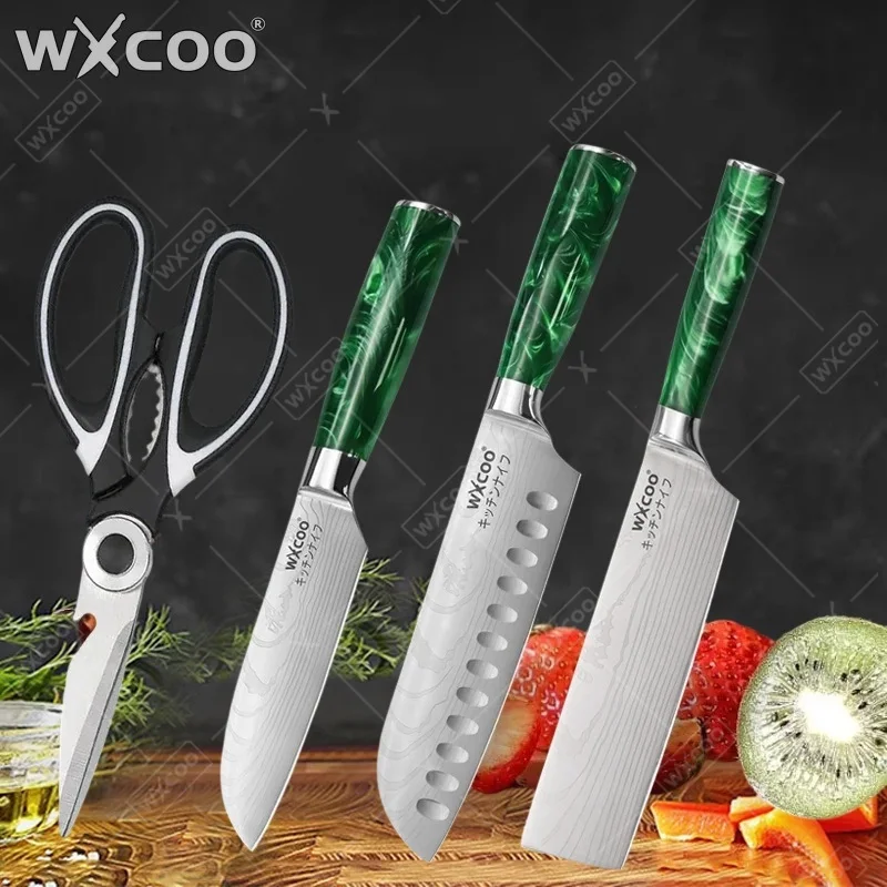 WXCOO Damascus Laser Japanese Cleaver Boning Santoku Fruit Slicing Butcher Knife Kitchen Scissor Knife Stainless Steel