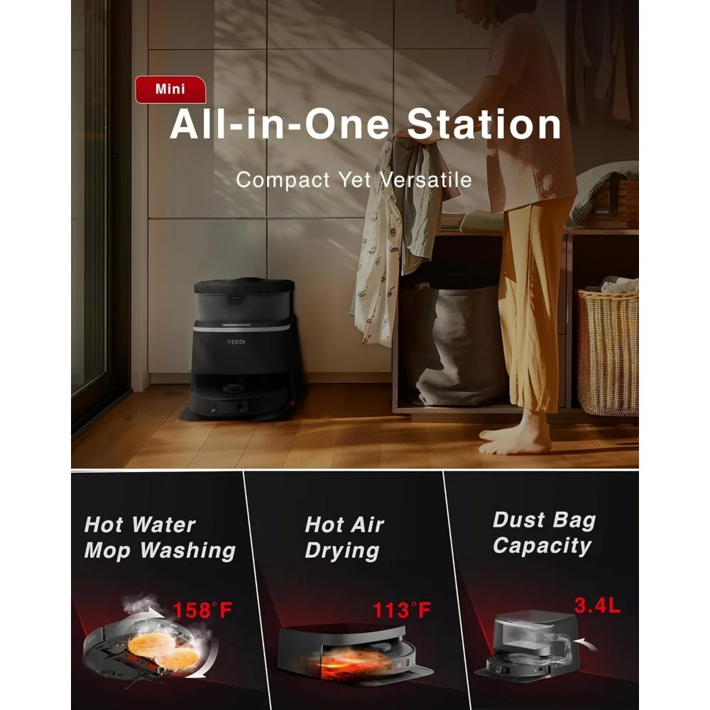 Robot aspirapolvere e scopa ad alta potenza con aspirazione da 11000 Pa, tecnologia senza grovigli, pulizia bordo a bordo e pulizia automatica del mocio