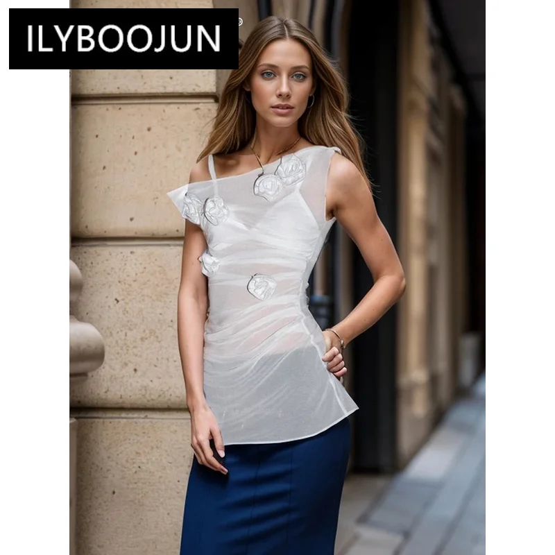 

ILYBOOJUN Solid Spliced Appliques Elegant Vests For Women Diagonal Collar Sleeveless Slimming Temperament Chic Top Female New