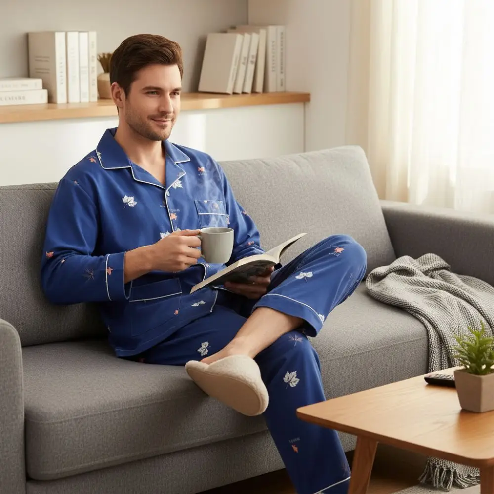 

Мужской пижамный костюм с длинными рукавами и брюками на пуговицах, мягкий, дышащий, для дома, для пар