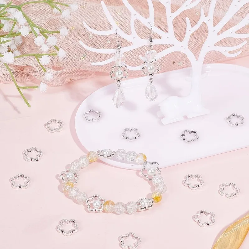 1 Box 100PCS 15mm Silver Flower Bead Frames Spacer Beads Metal Alloy Double Hole Hollow Petal Blossom Connector Link Frame Beads