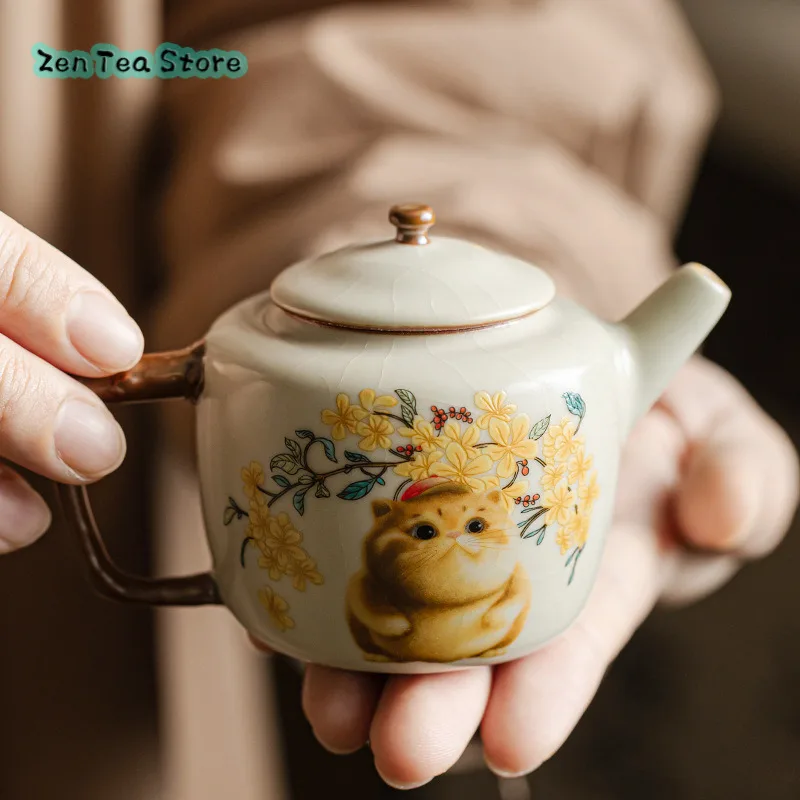 Beige Yellow Ru Kiln Xi Meng Small Fat Cat Holding Pot Fresh Hand-painted Teapot Single Pot Kung Fu Tea Set Household Ceramics