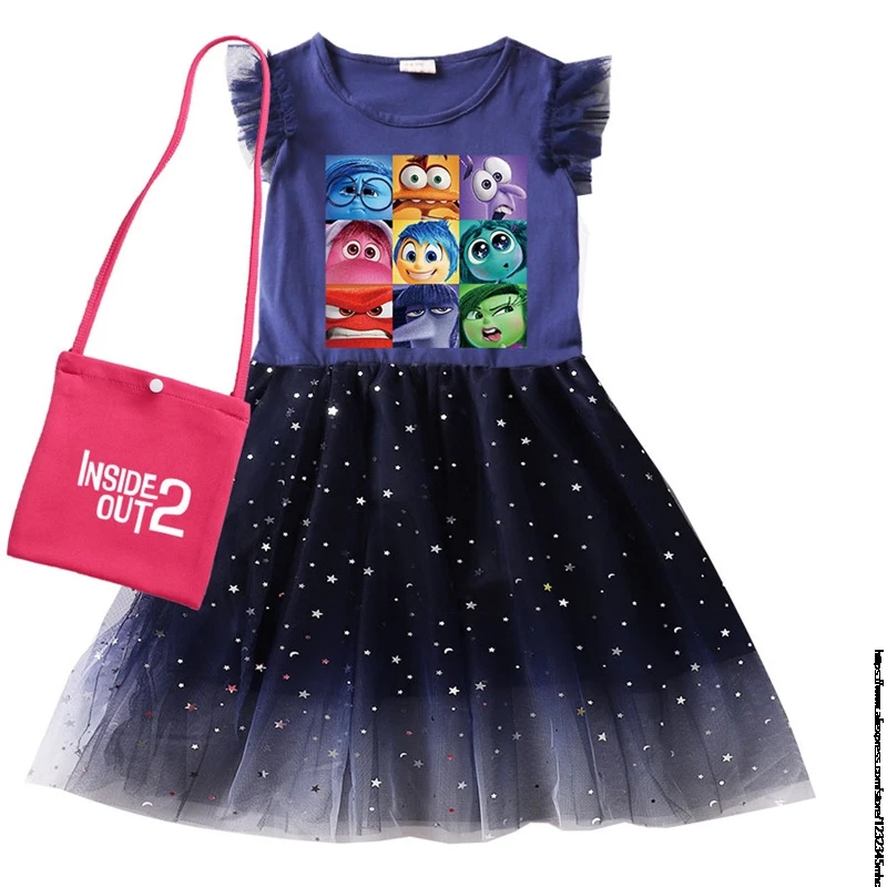 New Inside Out2 Girls Clothes Summer Flying Sleeve Kids Dress Party Baby Dresses for Children Clothing Princess Dresses And Bag image 4