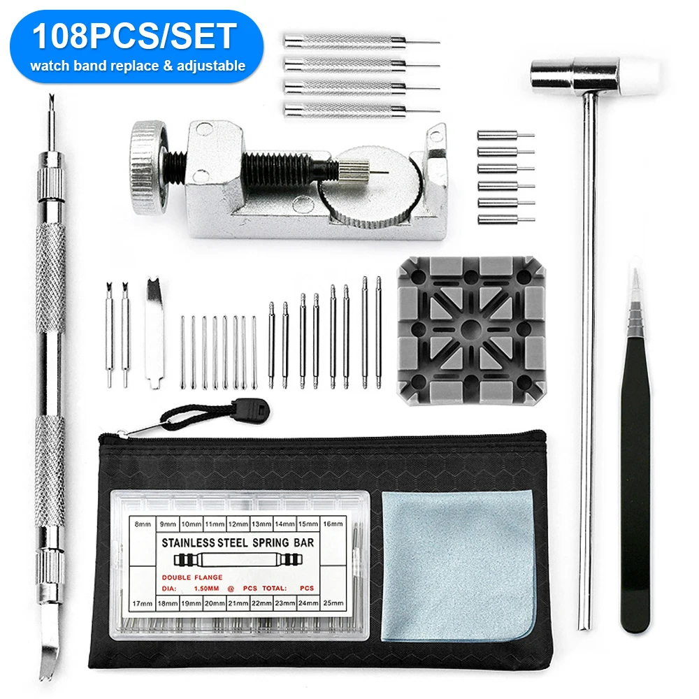 108PCS Professional Watch Repair Tool Kit Watch Band Link Pin Remover Strap Adjustment Spring Bar Tool Set with Storage Bag