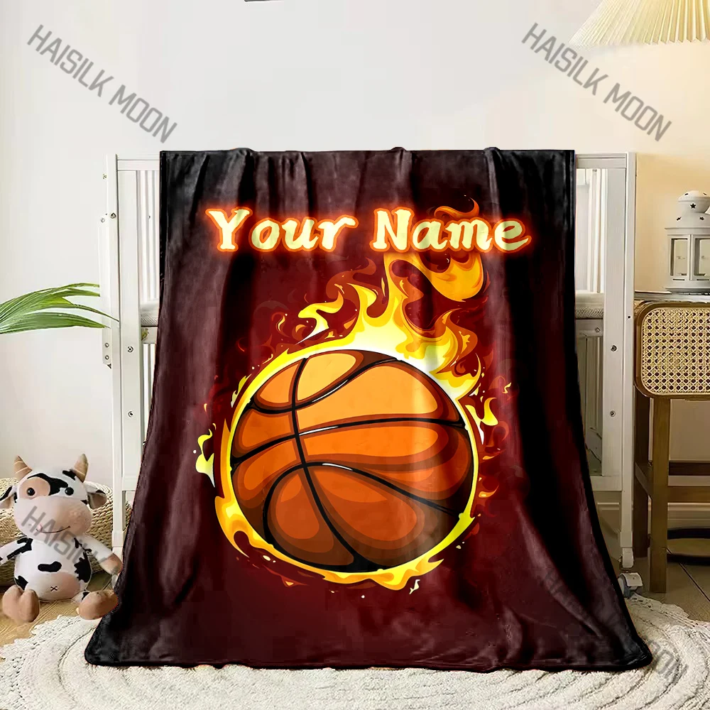 

Custom Name Personalized Blanket Flame Basketball Pattern Print Adult Children Warm Blankets and Comfortable Blanket Gifts