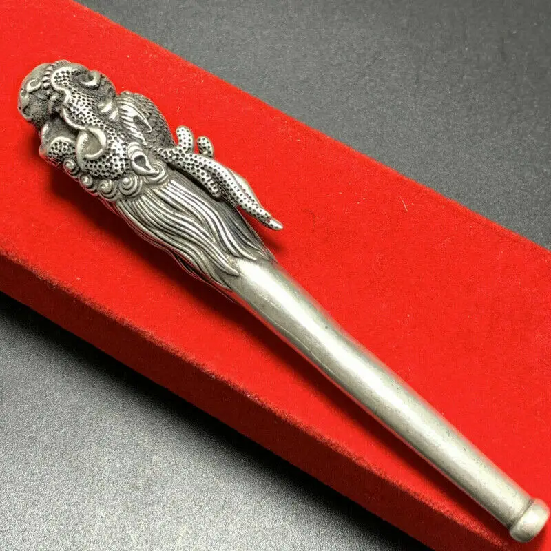 style Silver pipe Smoking Statue Sacred Dragon Head hand-made Tobacco rod A
