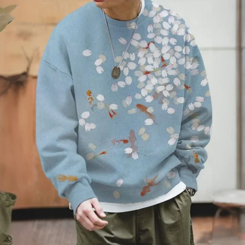 Men\'s 3D Printed Ukiyoe Ripple Animal Hoodie Retro Plant Pattern Pullover Autumn Long Sleeve Loose Sweater Fashion Large Size