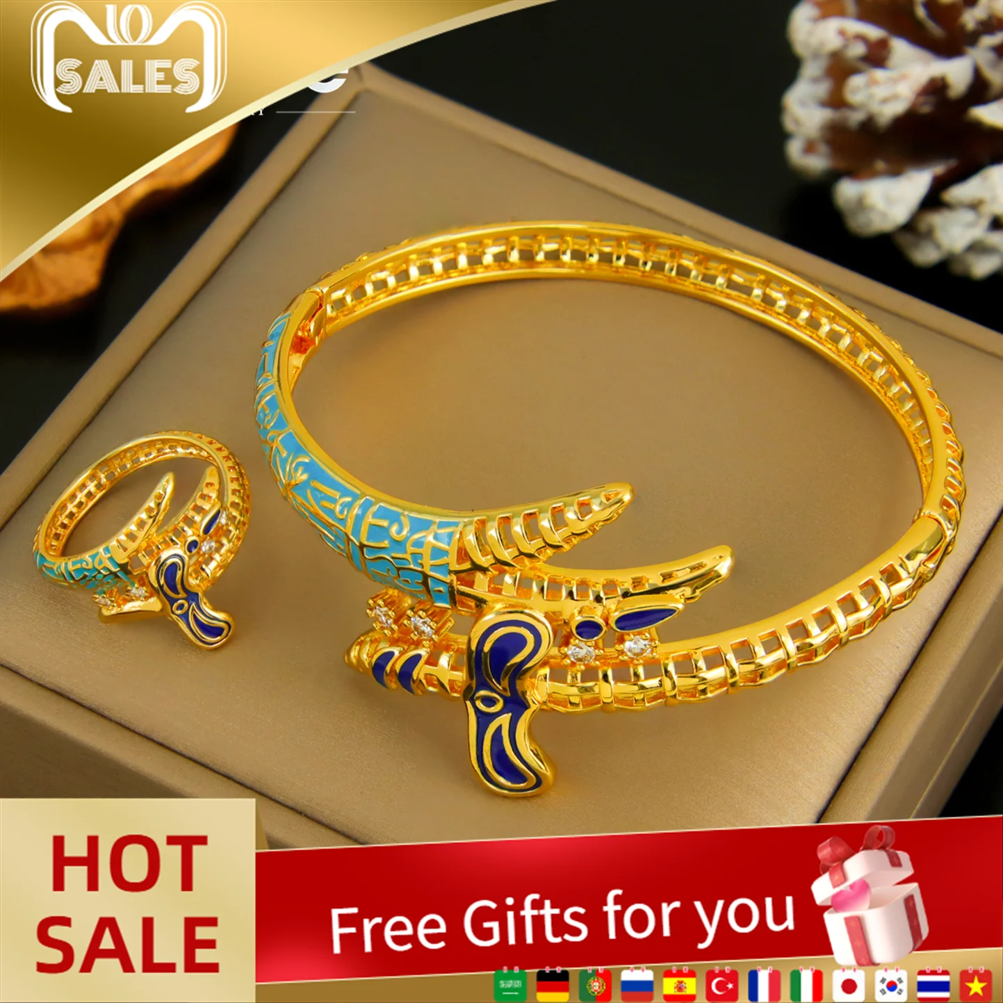 

Дубай Ретро браслет набор колец 21 К позолоченные Эфиопия Эмаль Нерегулярные браслеты Ближневосточные мусульманские женские вечерние украшения для выпускного вечера