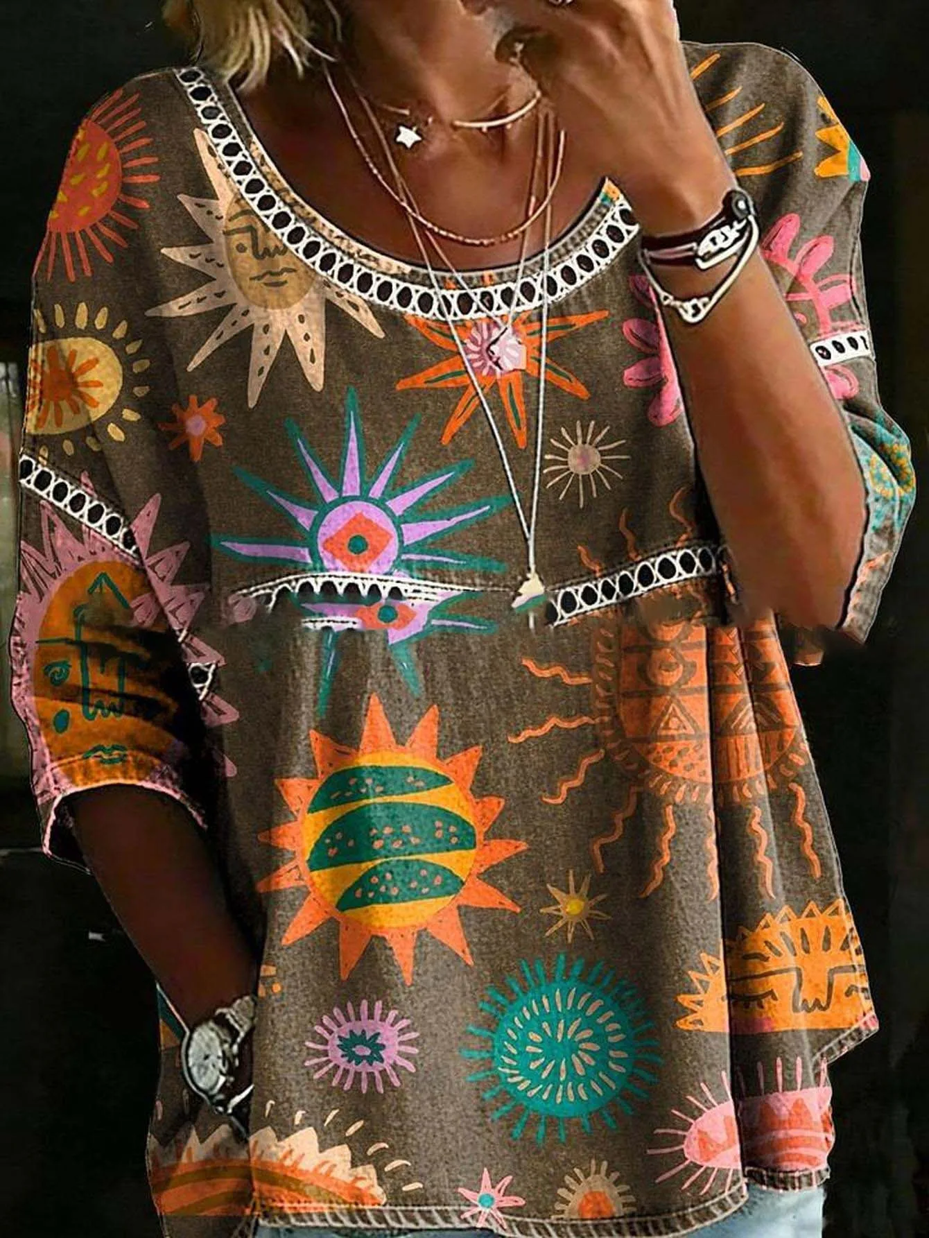Blusa de talla grande para mujer, estampado 3D de sol, manga larga, corte holgado, estilo boho.