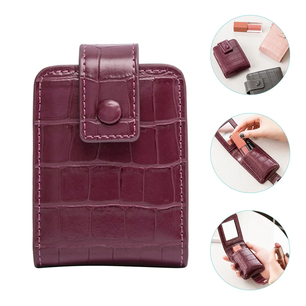 

PU Lipstick Case Makeup Bag Portable Mini Organizer with Mirror Holds 3 Short Lipsticks Travel Makeup Pouch